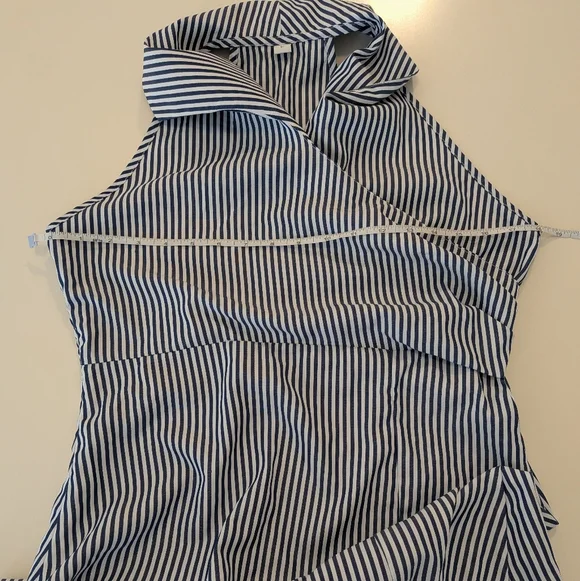 Rihoas Blue White Striped Halter Maxi Dress Collared Wrap Bodice Slit Size L - Picture 3 of 9